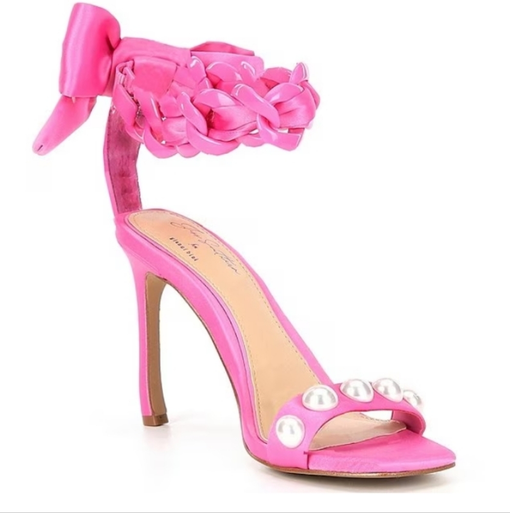 ANTONIO MELANI x Jess Southern Jean Pearl Studded Bow Chain Dress Sandals SZ 9.5